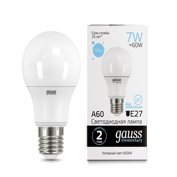 Лампа Gauss LED Elementary A60 7W E27 560lm 6500K  23237А