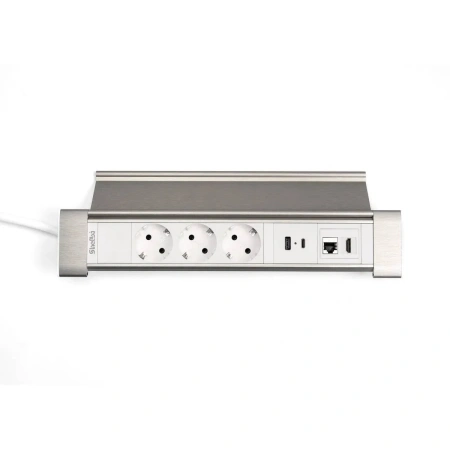 Блок настольный с крышкой, 3 розетки 200B, 1 USB, 1 Type-C, RJ45, HDMI, серебро