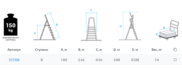 Лестница Новая Высота алюминиевая, ступень 130 мм, NV1117, 1x8