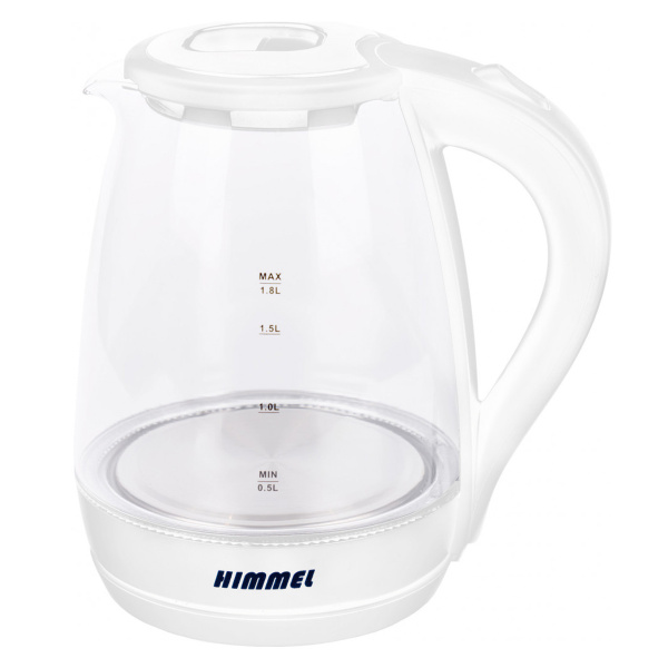 Чайник HIMMEL KW-2018, 1,8 л, 1500 Вт, закрытый нагревательный элемент, стекло пластик, белый
