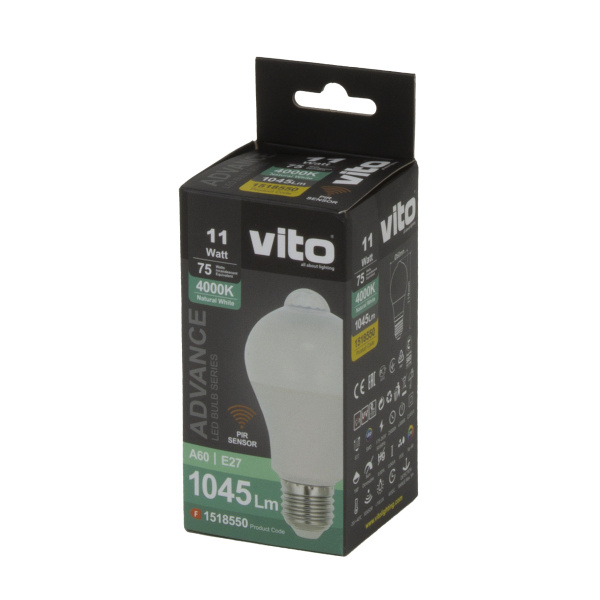 Лампа светодиодная с датчиком движения VO/ADVANCE-PIR/A60/11W/SMD/E27/4000K/SENSOR/CBOX/LED BULB