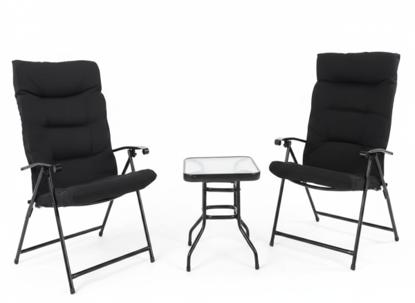 Набор садовой мебели 2 складных черных кресла, стекляный стол, TX-1065 CN