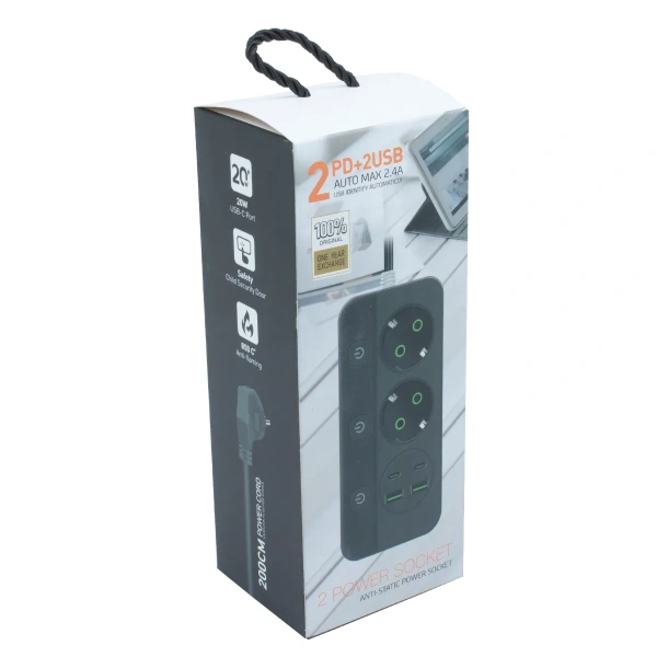 Удлинитель EU-T03PD (2м) европейская вилка (черный)