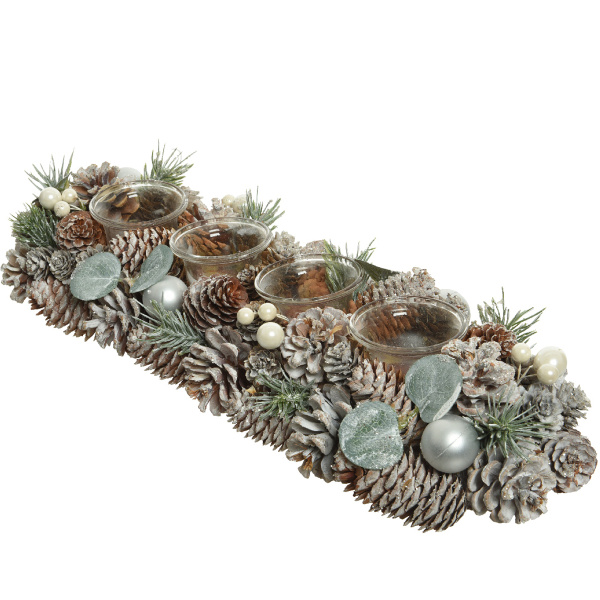 Подсвечник Новогодний с шишками и листьями 15х45х9 см на 4 свечи 620195 Kmg Подсвечник Новогодний с шишками и листьями 15х45х9 см на 4 свечи 620195 Kmg