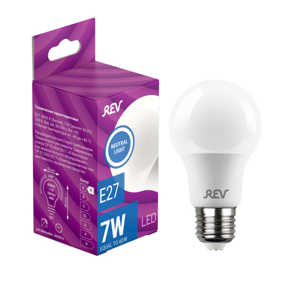 Лампа Rev сд A60 Е27 7W, 4000K, холодный свет 32265 8