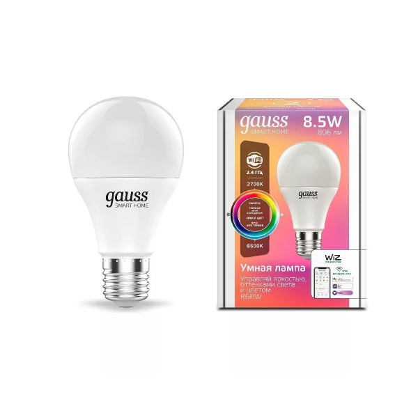 Лампа Gauss Smart Home A60 8,5W 806lm 2700-6500К E27 RGBW+изм.цвет.темп.+диммирование LED 1170112