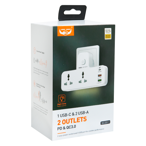 Адаптер сетевой  2311 оснащен двумя евро розетками и двумя разъёмами USB (белый)