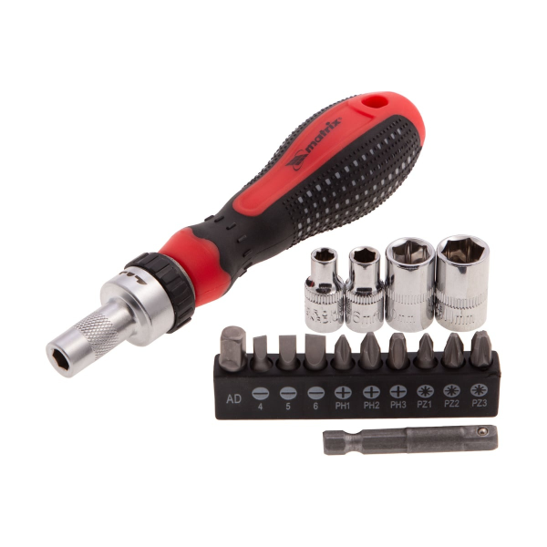 Отвёртка реверсивная с набором бит и насадок торцевых,CrV,1/4",16шт//MATRIX