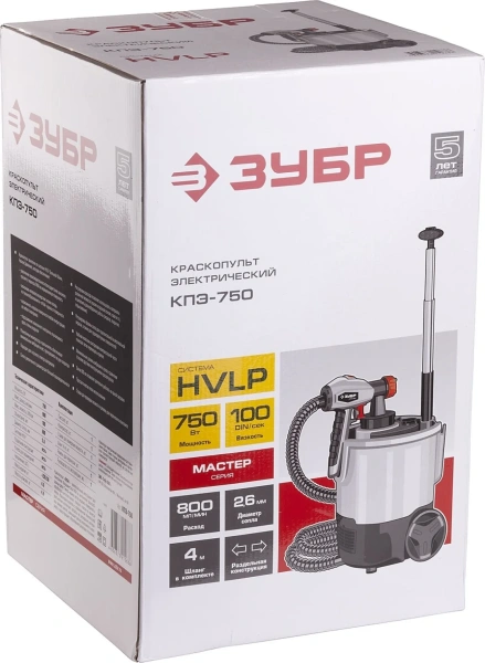 Краскопульт (краскораспылитель) электрич, ЗУБР КПЭ-750, HVLP, 0.8л, краскоперенос 0-800мл/мин,вязкос