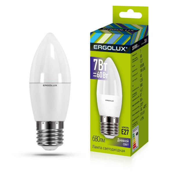 Лампа Ergolux LED-C35-7W-E27-6K (Эл.лампа светодиодная Свеча 7Вт E27 6500K 172-265В) 13299