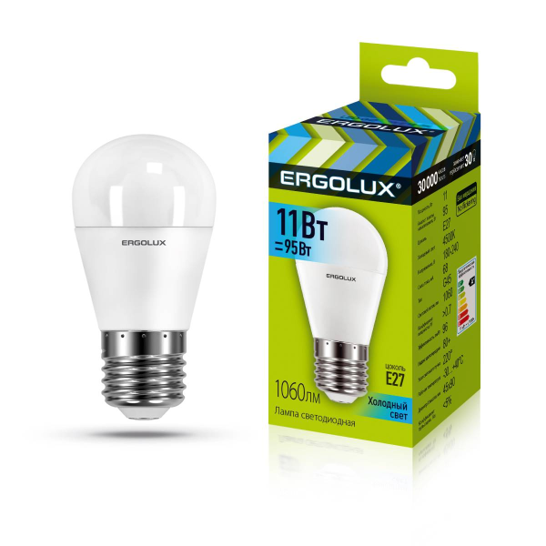 Лампа Ergolux LED-G45-11W-E27-4K (Эл.лампа светодиодная Шар 11Вт E27 4500K 172-265В) 13631