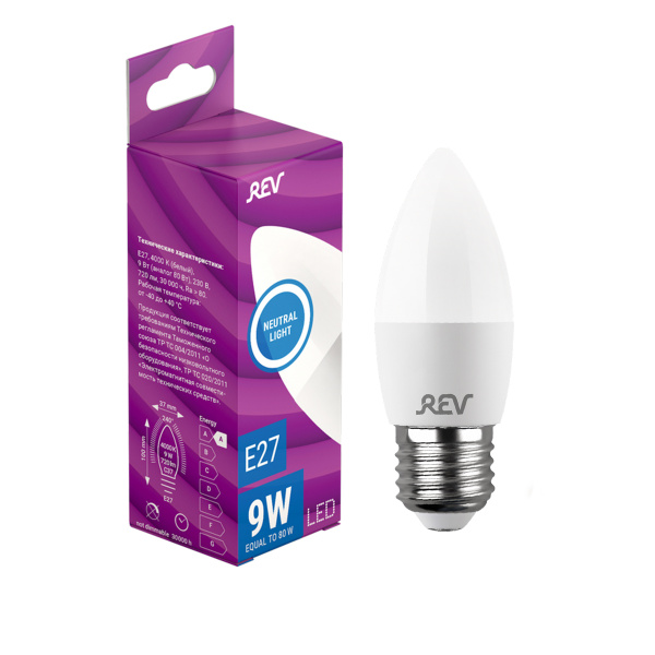 Лампа Rev сд C37 Е27 9W, 4000K, холодный свет (32413 3)