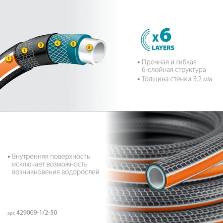 Шланг поливочный GRINDA  ULTRA 6, 1/2", 50 м, 30 атм, шестислойный, двойное армирование, PROLine (42