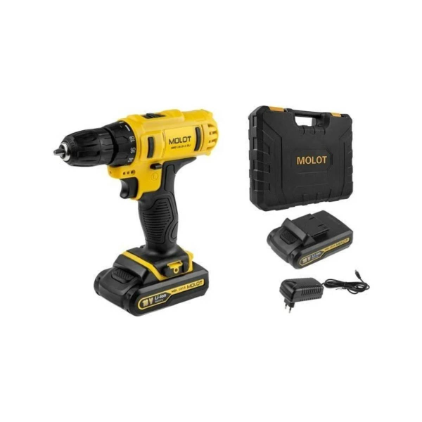 Дрель-шуруповерт аккум. MOLOT MBD 1815-1 DLi в чем. 18В, 2 акк., 1.5 А/ч Li-Ion, 2 скор., 30 Нм, арт