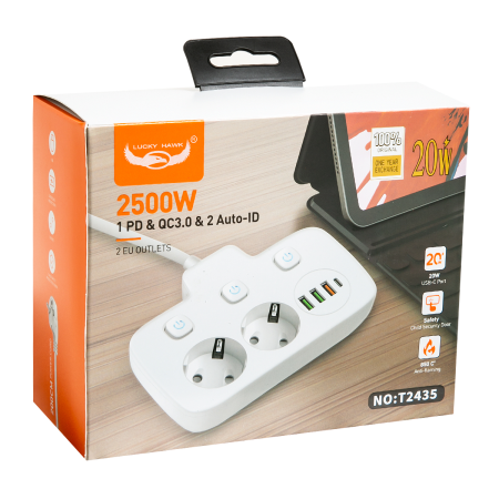 Удлинитель сетевой 2 м N2435 2 розетки, 4 usb разъема (белый)