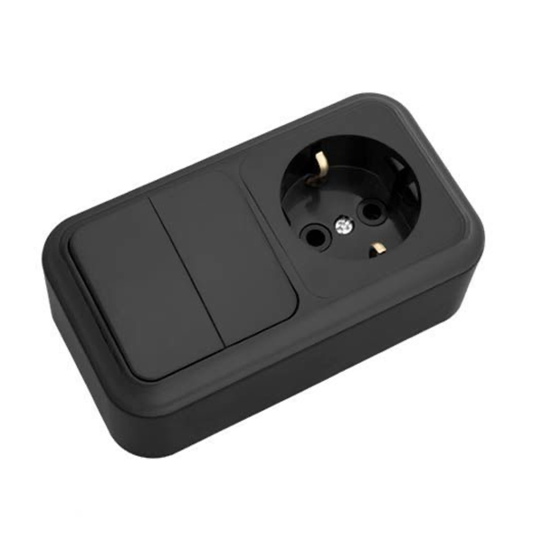 Блок выкл. 2 клав. + розетка (открытая, с/з) черный, Пралеска, BYLECTRICA, арт.2В-РЦ-529чер Блок выкл. 2 клав. + розетка (открытая, с/з) черный, Пралеска, BYLECTRICA, арт.2В-РЦ-529чер