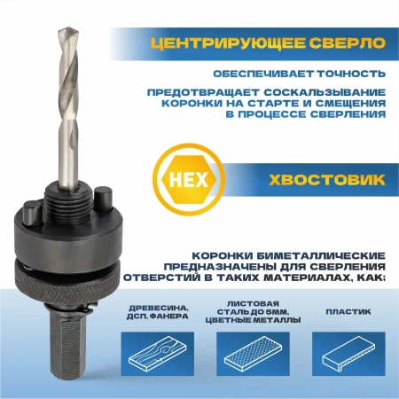 Коронка биметаллическая TULEX 601013-121 шестигранный хвостовик,с центрирующим сверлом,в сборе,121мм
