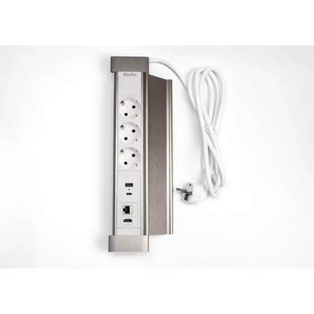 Блок настольный с крышкой, 3 розетки 200B, 1 USB, 1 Type-C, RJ45, HDMI, серебро
