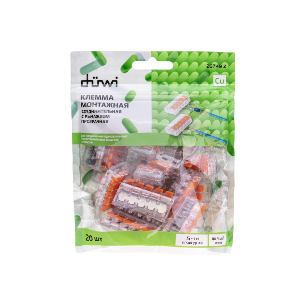 Клемма рычажковая, СМК 223-415, 0.5-4мм², прозрачная, 20 шт., 26749 2, duwi 26749 2