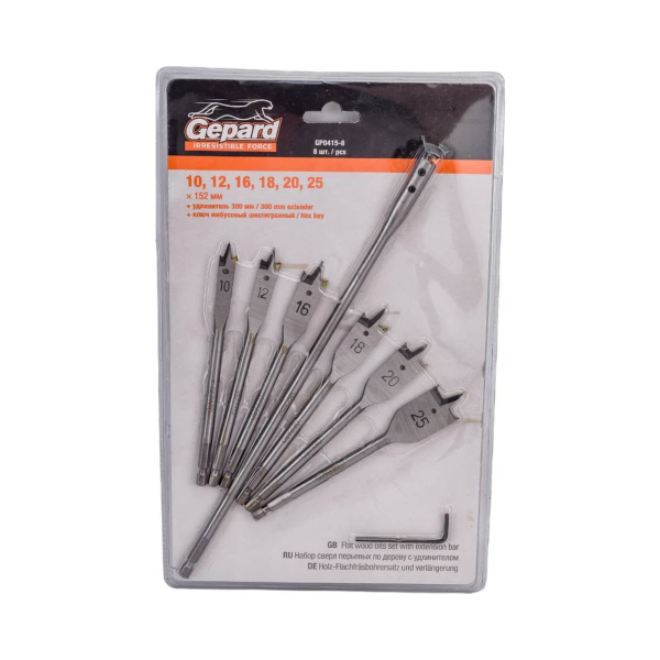 Набор сверл перьевых по дереву с удлинителем 8пр. GEPARD (GP0415-8), арт.GP0415-8