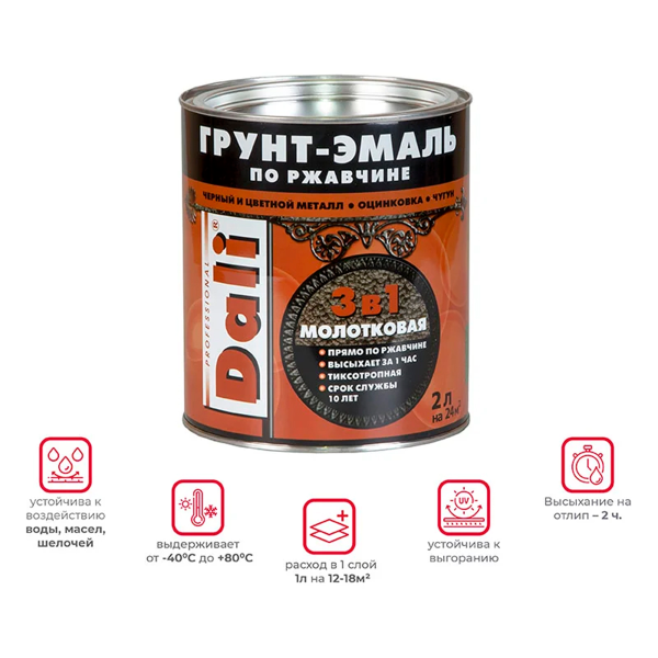 Молотковая ГРУНТ - ЭМАЛЬ по ржавчине "DALI" 2л - золотистый Молотковая ГРУНТ - ЭМАЛЬ по ржавчине "DALI" 2л - золотистый
