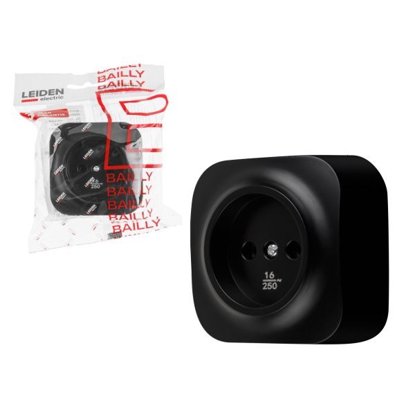 Розетка 1-ая (открытая, б/з) черная, Bailly, LEIDEN ELECTRIC, арт.806013