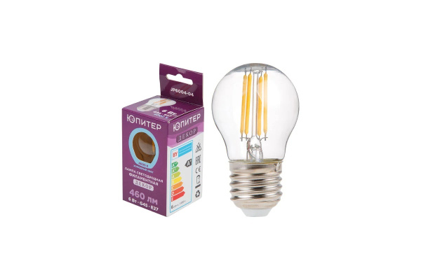 Лампа светодиодная филаментная G45 ШАР 6 Вт E27 4000К ЮПИТЕР ДЕКОР