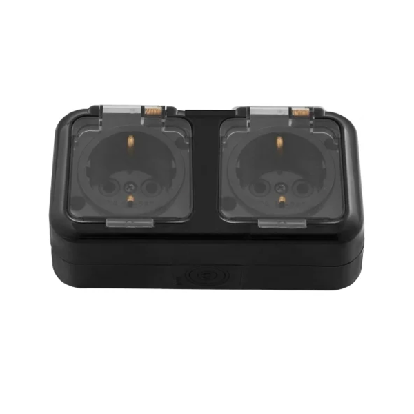 Розетка 2-ая (открытая, с/з, брызг. защ.) черная, Пралеска Аква, Bylectrica, арт.РА16-303чер