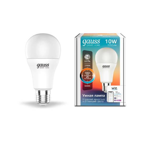 Лампа Gauss Smart Home A60 10W 1055lm 2700-6500К E27 RGBW+изм.цвет.темп.+диммирование LED 1180112