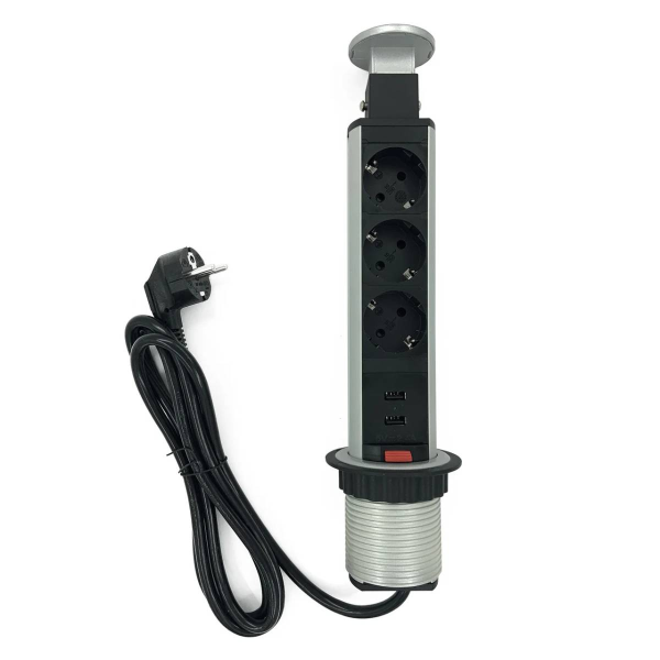 Блок розеточный, выдвижной, настольный на 3 розетки 200B, 2 USB, серебро