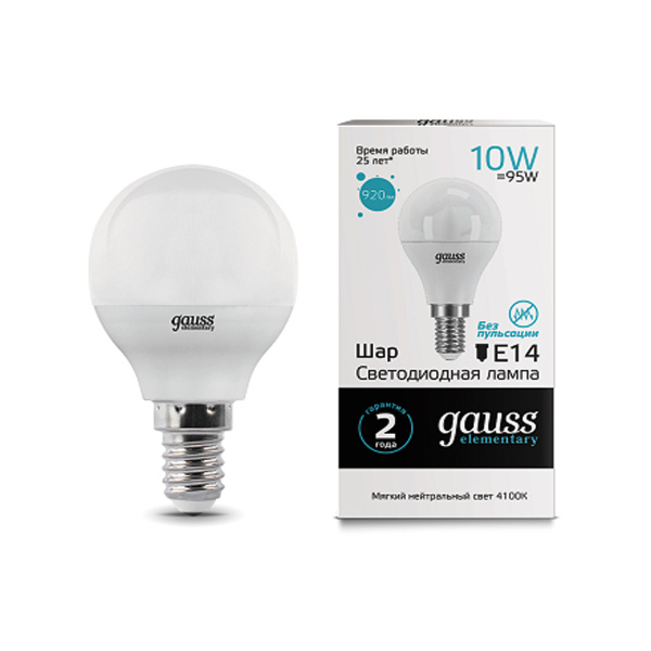 Лампа Gauss LED Elementary Шар 10W E14 730 lm 4100K 53120