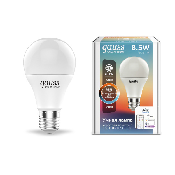 Лампа Gauss Smart Home A60 8.5W 806lm 2700-6500K E27 изм.цвет.темп.+димм. 1130112