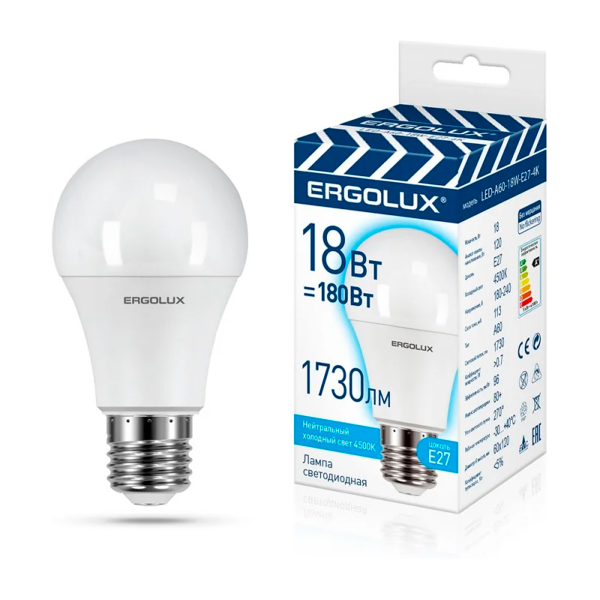 Лампа Ergolux LED-A60-18W-E27-4K (Эл.лампа светодиодная ЛОН 18Вт Е27 4500К 172-265В, ПРОМО) 15558
