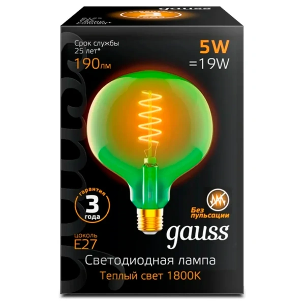 Лампа Gauss LED Filament G125 5W Е27 190lm 1800К green flexible 1012802105