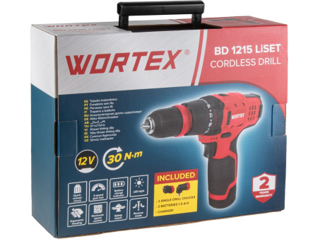 Дрель-шуруповерт аккумуляторный WORTEX BD 1215 LiSET в чем. + 2 насадки, 12 В, 30 Н*м, 2х1.5 А*ч, БЗ