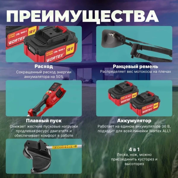 Триммер аккум. WORTEX TB 3036 ALL1 SOLO БЕСЩЁТ.ДВИГ., 18В+18В, шир.скаш.300 мм леска, 255 мм нож, по