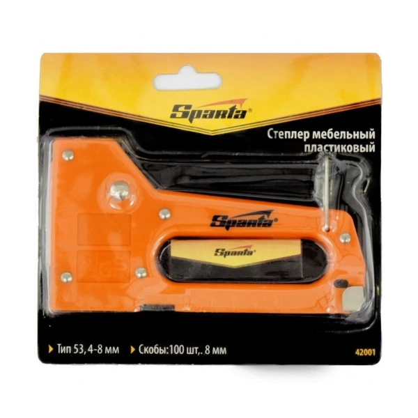 Степлер мебельный пластиковый, со скобами 100 шт, тип скобы 53, 4-8 мм// Sparta