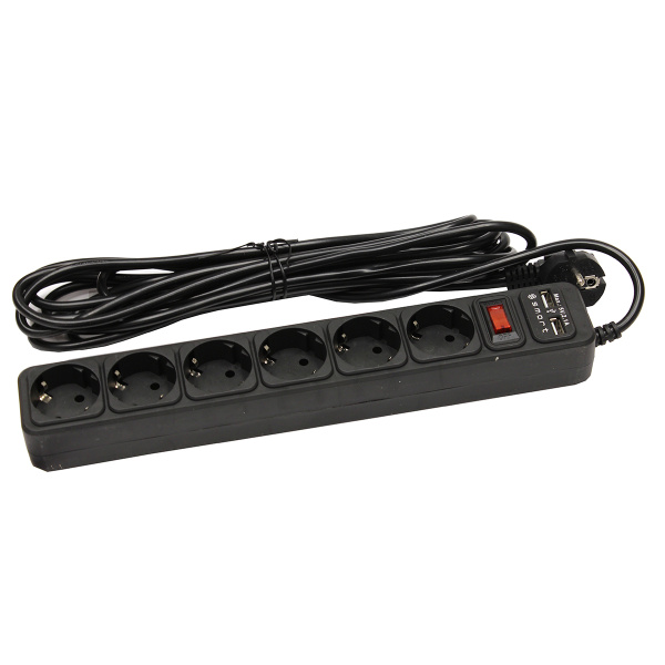 Сетевой фильтр SMART SM-06BU-5M <XH-EU06K-5M, черный, 10А, выключатель, 6роз, 5м, EU розетка, 2*USB