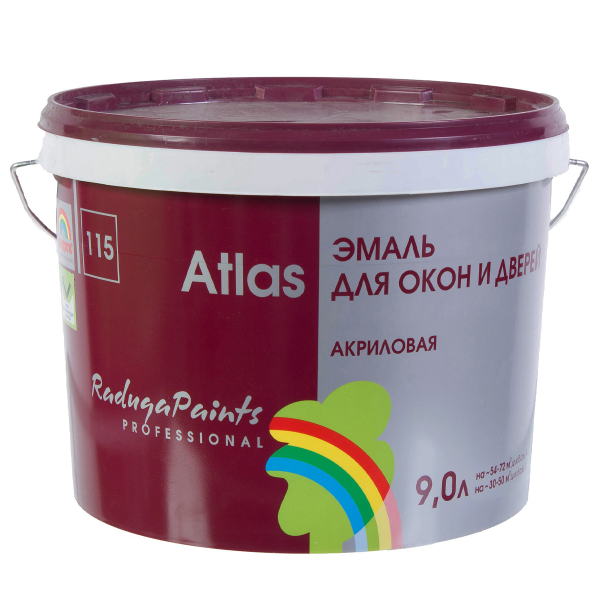 Эмаль "Atlas" для окон и дверей "Радуга-115" полуглянцевая акриловая 9 л Эмаль "Atlas" для окон и дверей "Радуга-115" полуглянцевая акриловая 9 л