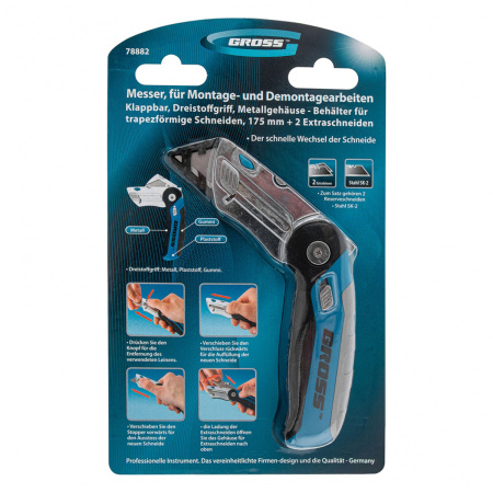 Нож,рем-монтажный,складной,трехкомп.рук-ка,контейнер - держатель для лезвий,175мм +2з.л// GROSS