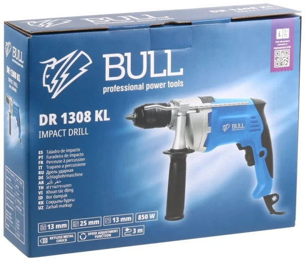 Дрель ударная BULL DR 1308 KL в кор. 850 Вт, БЗП металл 13 мм, 1 скорость, 0-2800 об/мин
