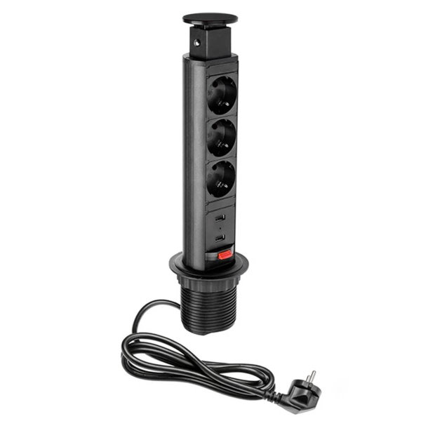 Блок розеточный, выдвижной, настольный на 3 розетки 200B, 2 USB, чёрный