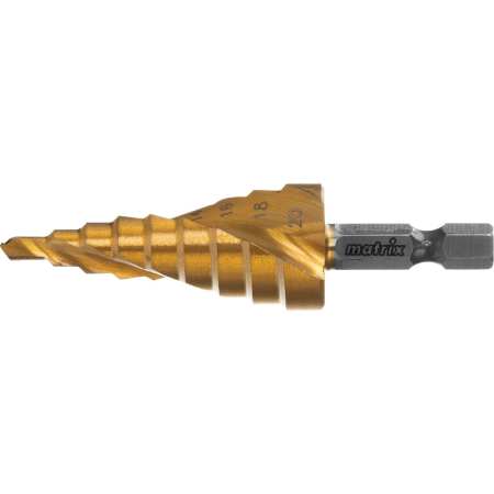 Сверло ступенчатое, 4-6-8-10-12-14-16-18-20 мм, HSS, спиральный проф., шестигр. хвостовик// MATRIX