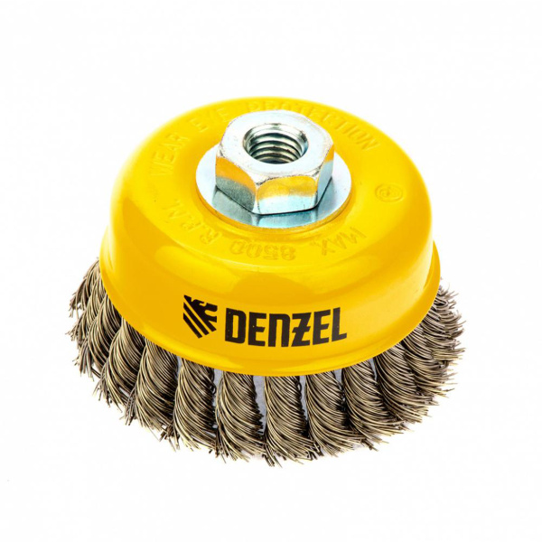 Щетка для УШМ, 75 мм, М14, Чашка, крученая нержавеющая проволока 0,5 мм// Denzel
