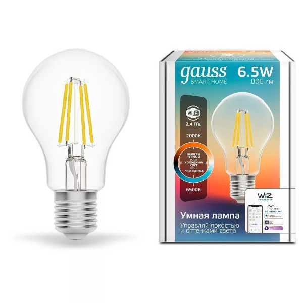 Лампа Gauss Smart Home Filament А60 6,5W 806lm 2000-6500К E27 изм.цвет.темп.+дим. LED 1220112