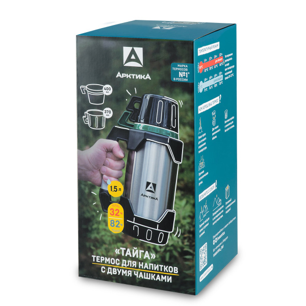 Термос Арктика 110-1500 вакуумный питьевой 1500 мл Тайга зеленая кружка