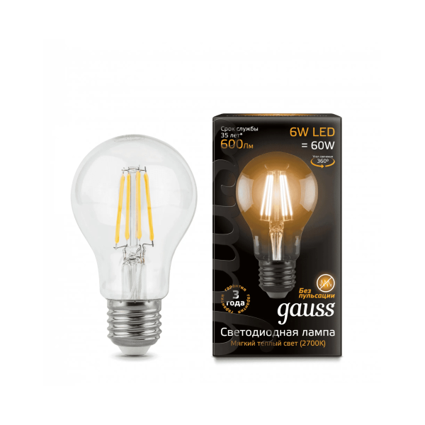 Лампа Gauss LED Filament А60 6W E27 600lm 2700K 102802106