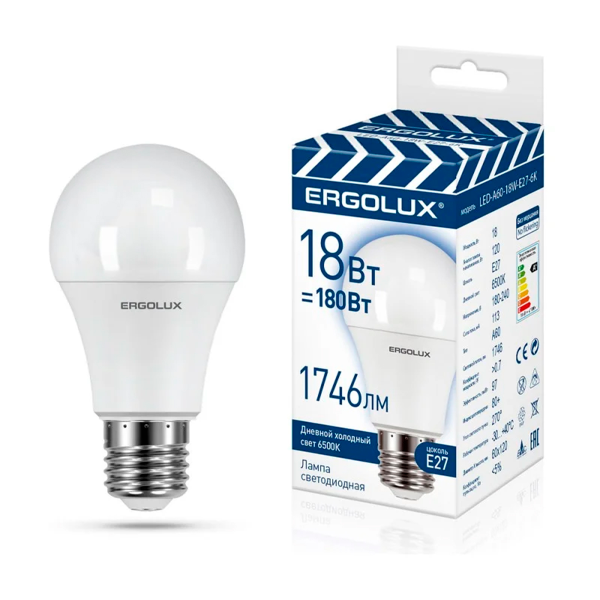 Лампа Ergolux LED-A60-18W-E27-6K (Эл.лампа светодиодная ЛОН 18Вт Е27 6500К 172-265В, ПРОМО) 15559