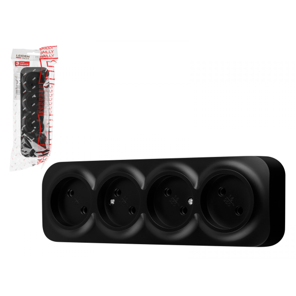 Розетка 4-ая (открытая, б/з) черная, Bailly, LEIDEN ELECTRIC, арт.806020