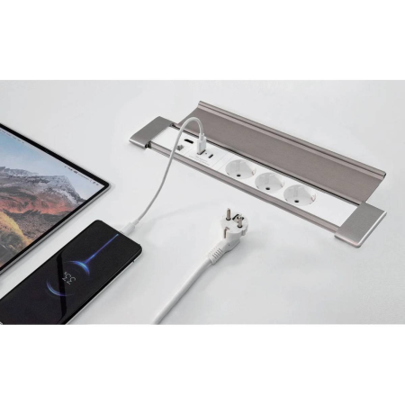 Блок настольный с крышкой, 3 розетки 200B, 1 USB, 1 Type-C, RJ45, HDMI, серебро